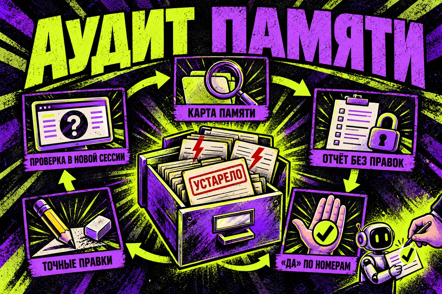 Цикл аудита памяти: карта памяти → отчёт без правок → «да» по номерам → точные правки → проверка в новой сессии