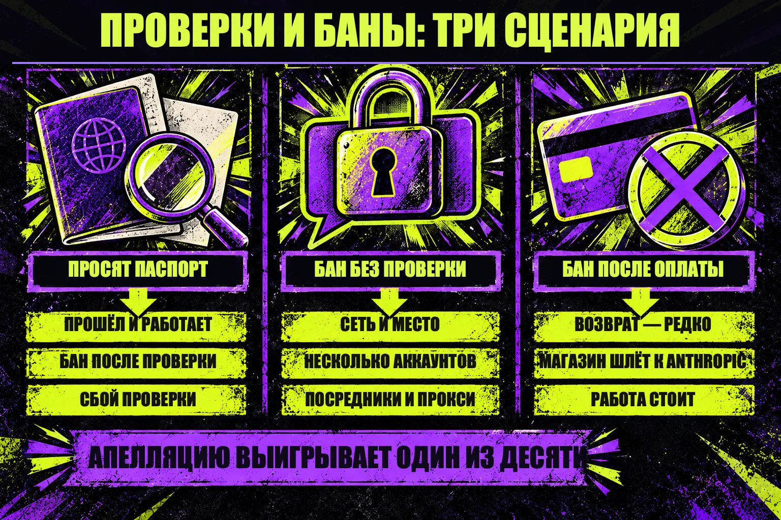 Три сценария из историй пользователей: просят паспорт — прошёл и работает, бан после проверки, сбой проверки; бан без проверки — сеть и место, несколько аккаунтов, посредники и прокси; бан после оплаты — возврат редко, магазин шлёт к Anthropic, работа стоит. Внизу: апелляцию выигрывает один из десяти