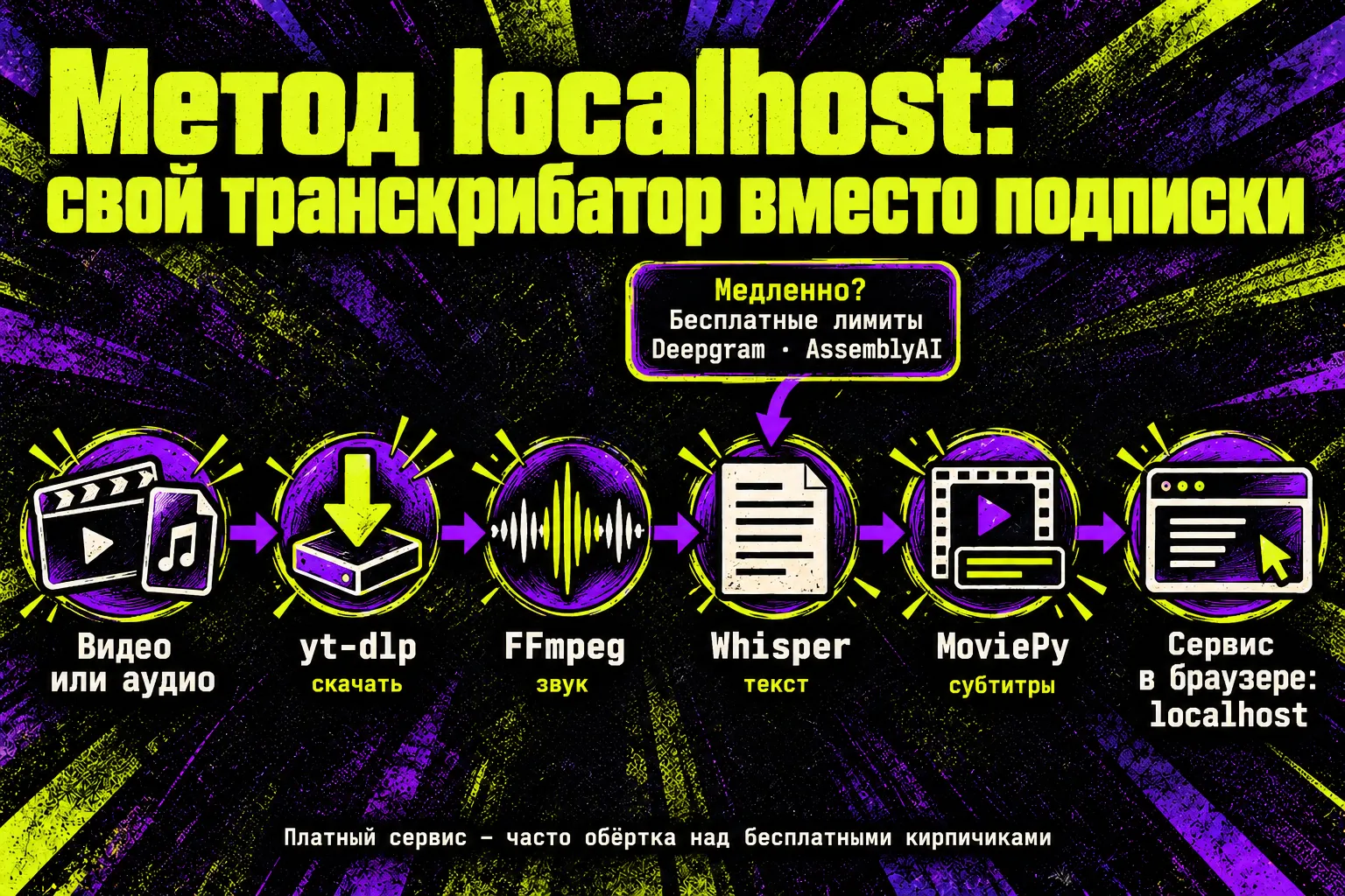 Схема метода localhost: видео или аудио → yt-dlp → FFmpeg → Whisper → MoviePy → сервис в браузере на localhost; если медленно — бесплатные лимиты Deepgram и AssemblyAI