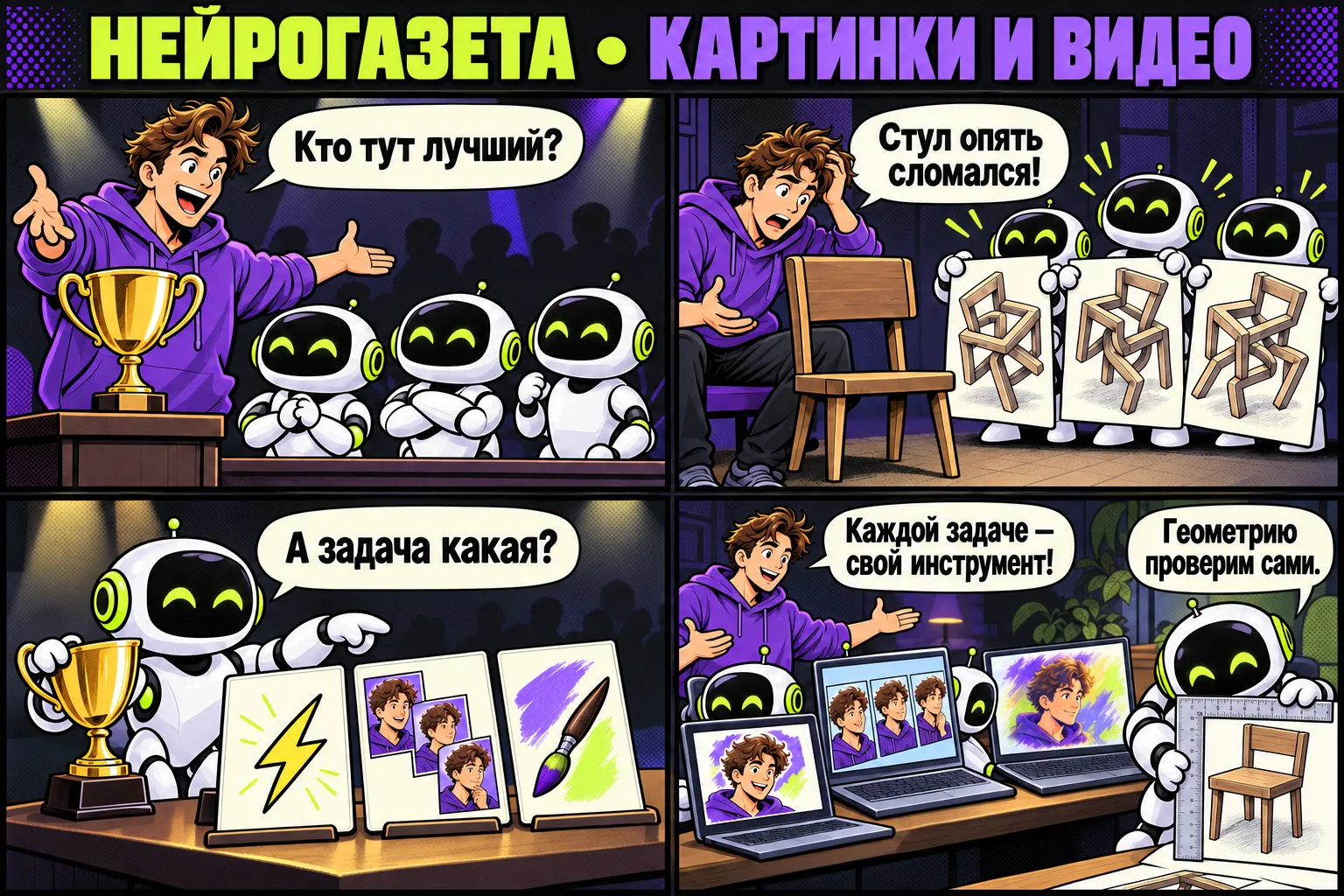 Комикс к вопросу «Какая нейросеть лучше для картинок: ChatGPT, Nano Banana или Midjourney?»