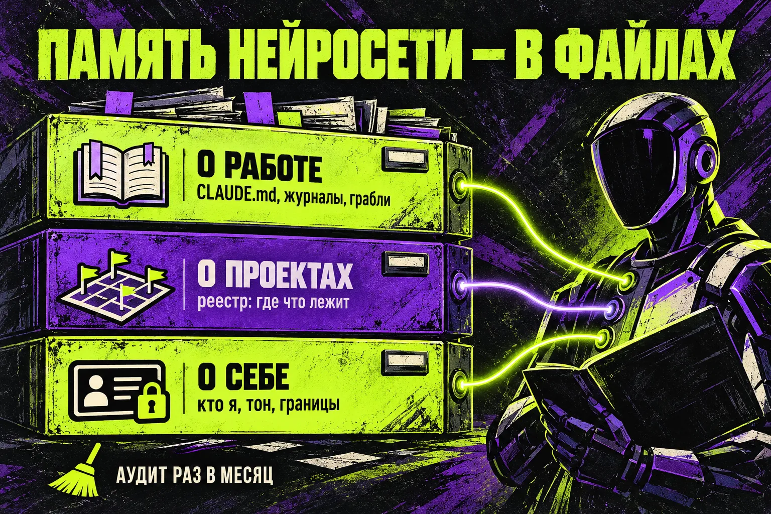 Память нейросети — в файлах: три слоя стопкой — «О себе» (кто я, тон, границы), «О проектах» (реестр: где что лежит), «О работе» (CLAUDE.md, журналы, грабли); агент читает все три перед работой; внизу — аудит раз в месяц