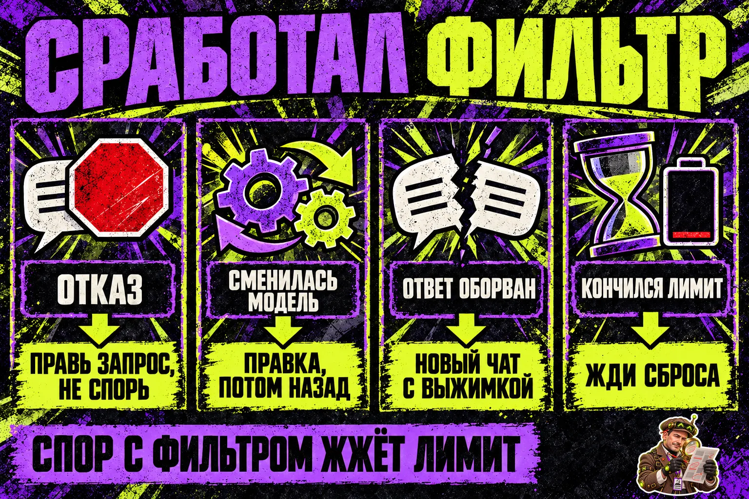Четыре ситуации со схемой действий: отказ — правь запрос, не спорь; сменилась модель — правка, потом назад; ответ оборван — новый чат с выжимкой; кончился лимит — жди сброса. Внизу: спор с фильтром жжёт лимит