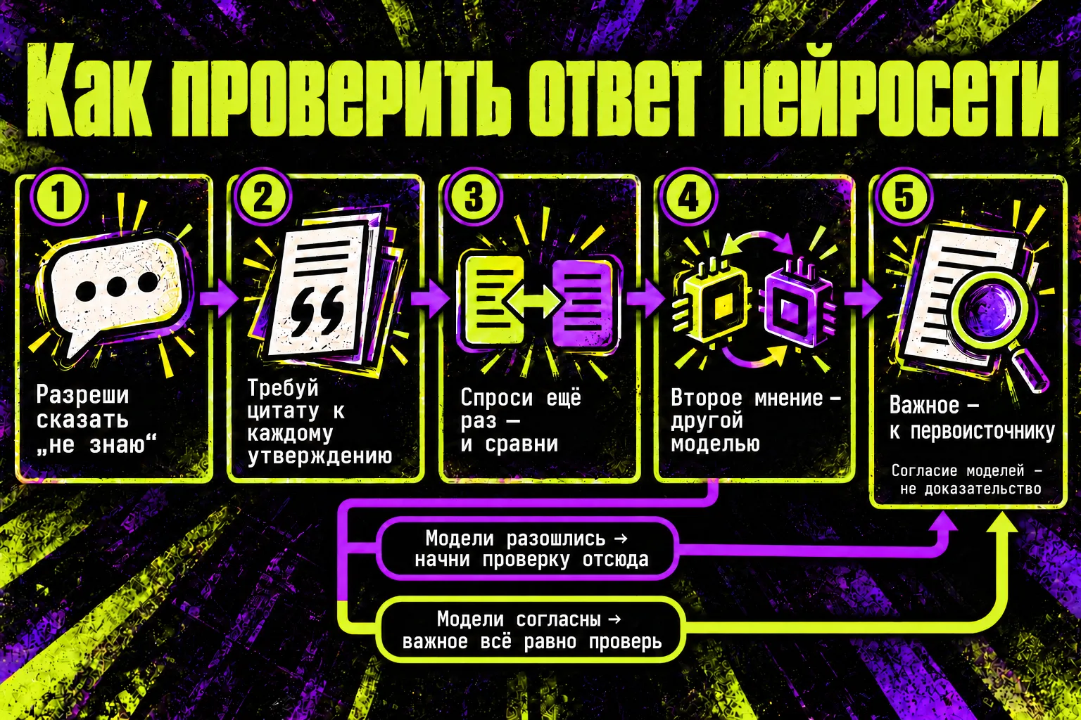 Пять шагов проверки ответа нейросети: разреши сказать «не знаю», требуй цитату к каждому утверждению, спроси ещё раз и сравни, второе мнение другой моделью, важное — к первоисточнику; если модели разошлись — начни проверку отсюда, если согласны — важное всё равно проверь