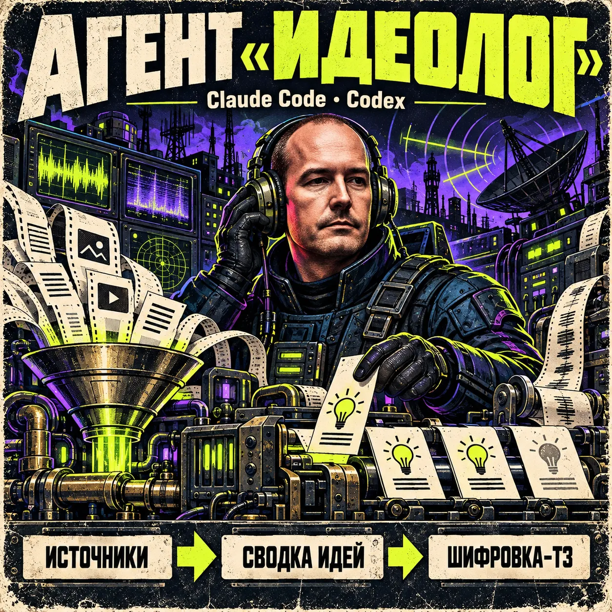 Обложка скилла «Идеолог»: Андрей Плешков в образе агента-резидента у пульта перехвата вытягивает из радиоэфира карточки-идеи