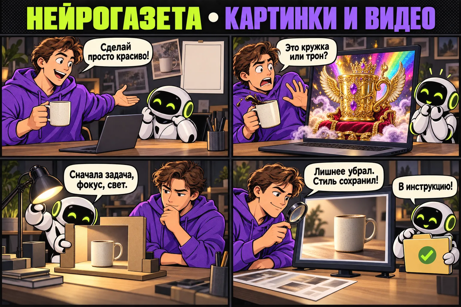 Комикс к вопросу «Как сделать картинку в нейросети, чтобы она не выглядела сгенерированной?»