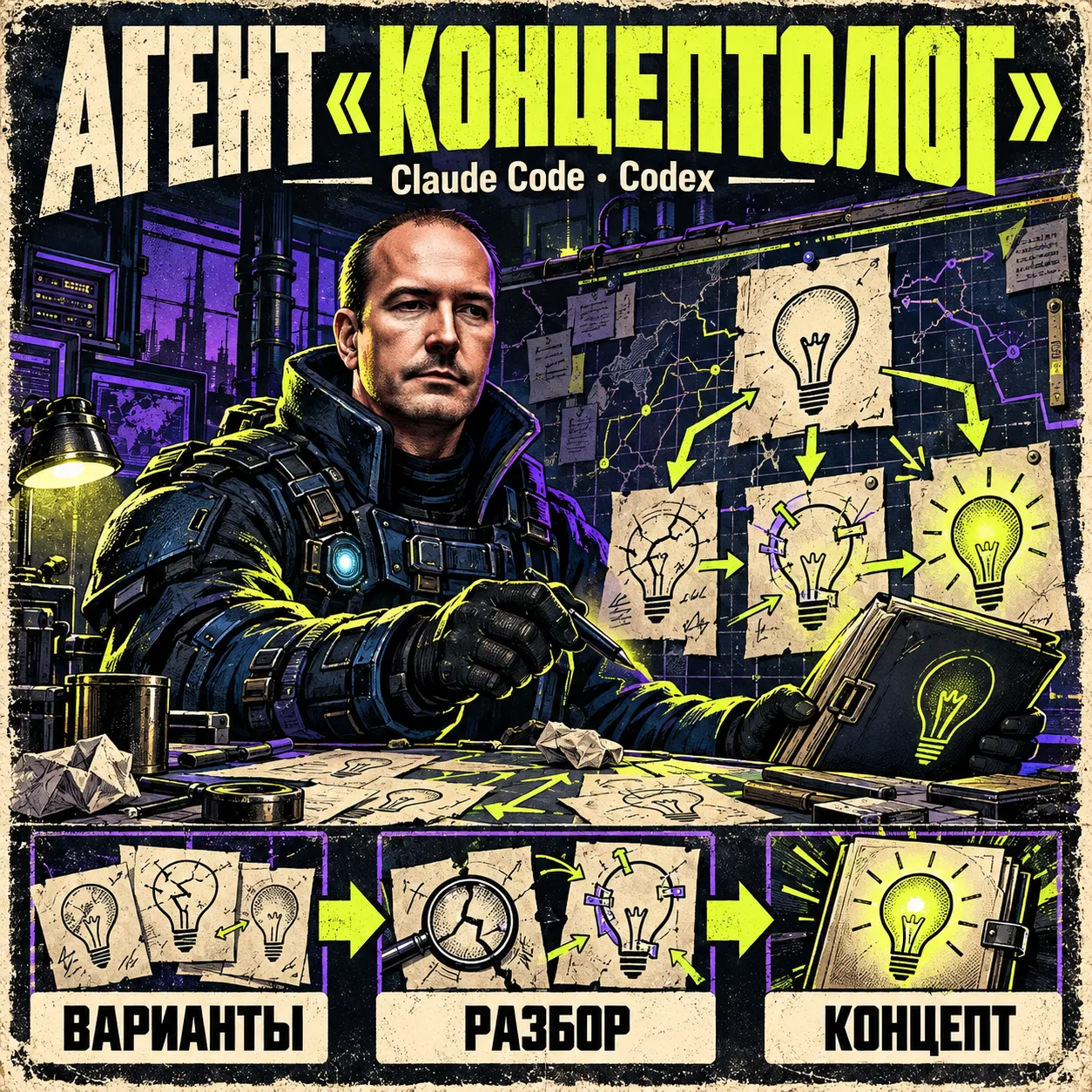 Обложка скилла «Концептолог»: Андрей Плешков в образе агента-стратега у штабной карты раскладывает идею на варианты и ставит усиления на слабые места