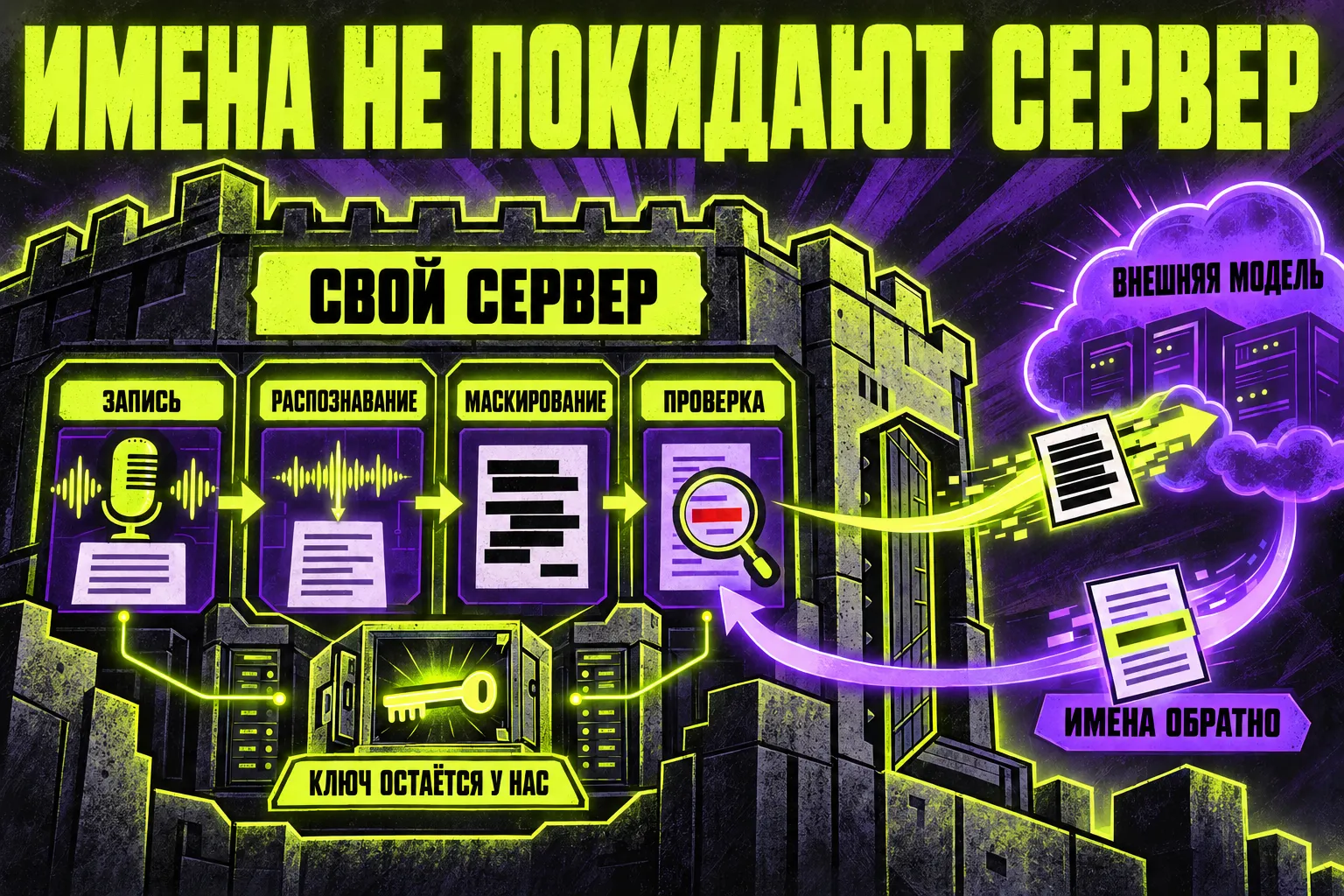 Инфографика «Имена не покидают сервер»: внутри крепости «Свой сервер» конвейер — запись, распознавание, маскирование, проверка; сейф «ключ остаётся у нас»; наружу к облаку «Внешняя модель» уходит лист с чёрными плашками вместо имён, обратно возвращается карточка — «имена обратно»
