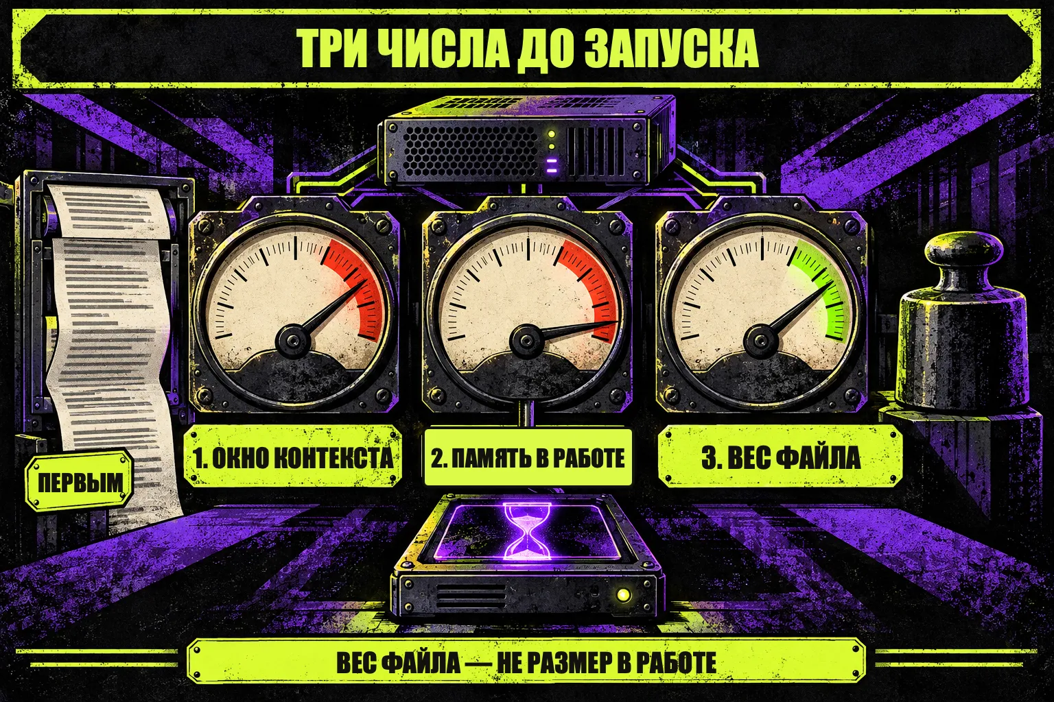 Инфографика «Три числа до запуска»: три стрелочных прибора у сервера — 1. окно контекста (с плашкой «первым», стрелка в красной зоне, рядом обрезанный лист текста), 2. память в работе (стрелка у красной зоны, провод к диску с песочными часами), 3. вес файла (стрелка в зелёной зоне, рядом гиря); внизу «вес файла — не размер в работе»