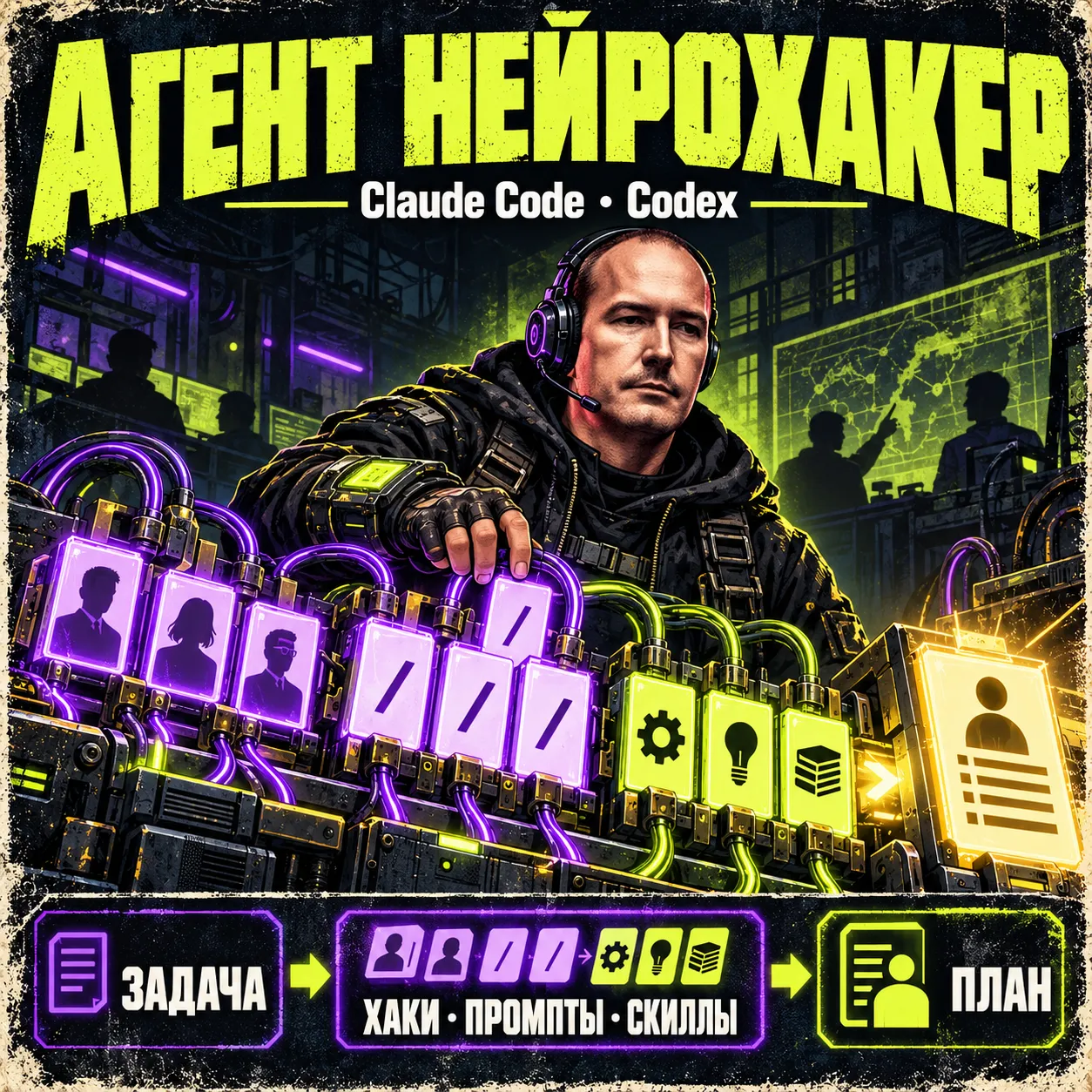 Обложка агента «Нейрохакер»: Андрей Плешков в образе агента-хакера за пультом соединяет хаки, промпты и скиллы в план