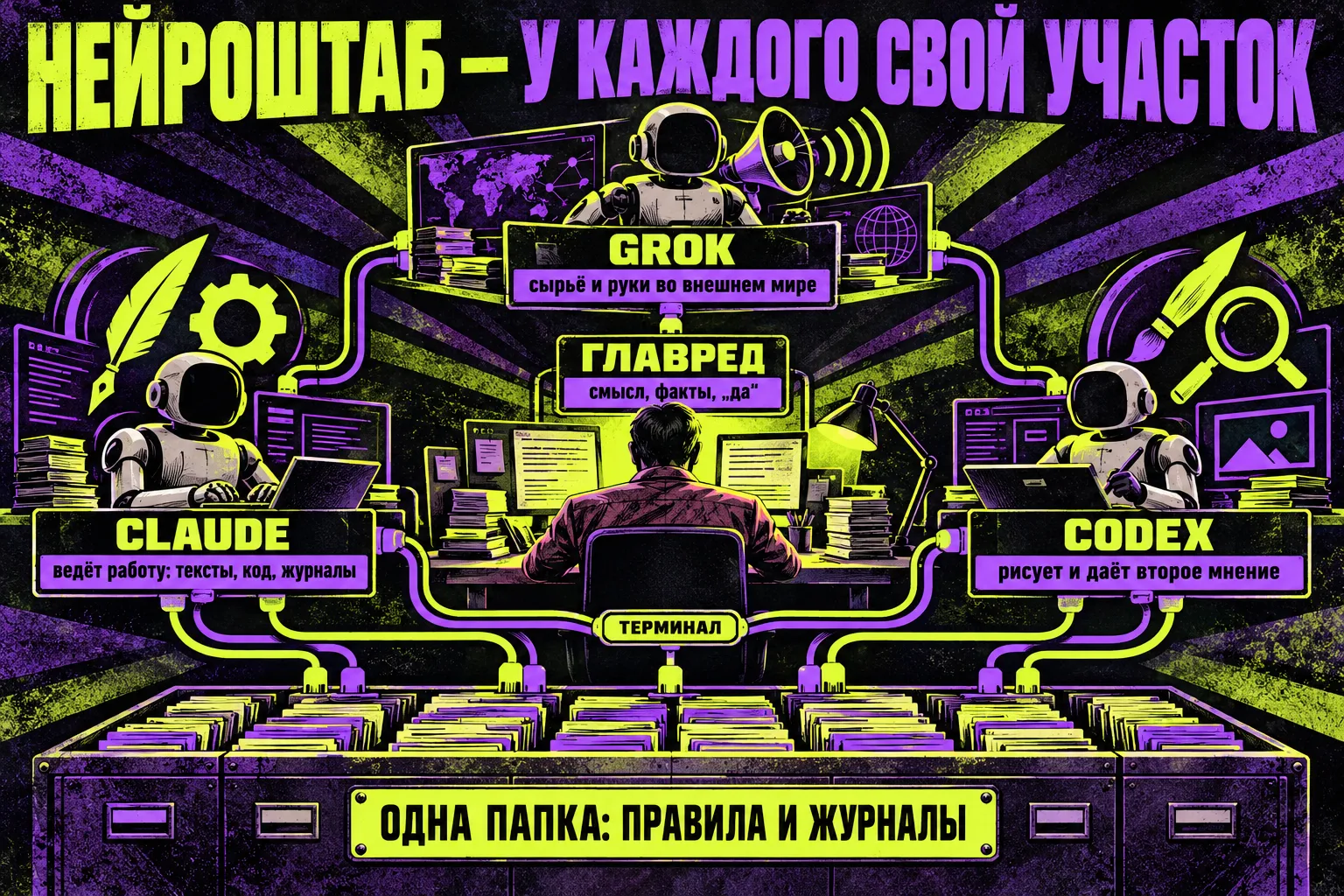 Нейроштаб: человек-главред в центре — смысл, факты, «да»; вокруг три участка — Claude ведёт работу (тексты, код, сборка, журналы, выкладка), Codex рисует и даёт второе мнение, Grok приносит сырьё и действует во внешнем мире; между ними — мост через терминал и общая папка с реестром, правилами и журналами