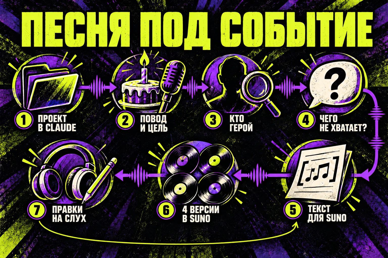 Семь шагов песни под событие: проект в Claude, повод и цель, кто герой, чего не хватает, текст для Suno, четыре версии в Suno, правки на слух — с петлёй от правок обратно к тексту