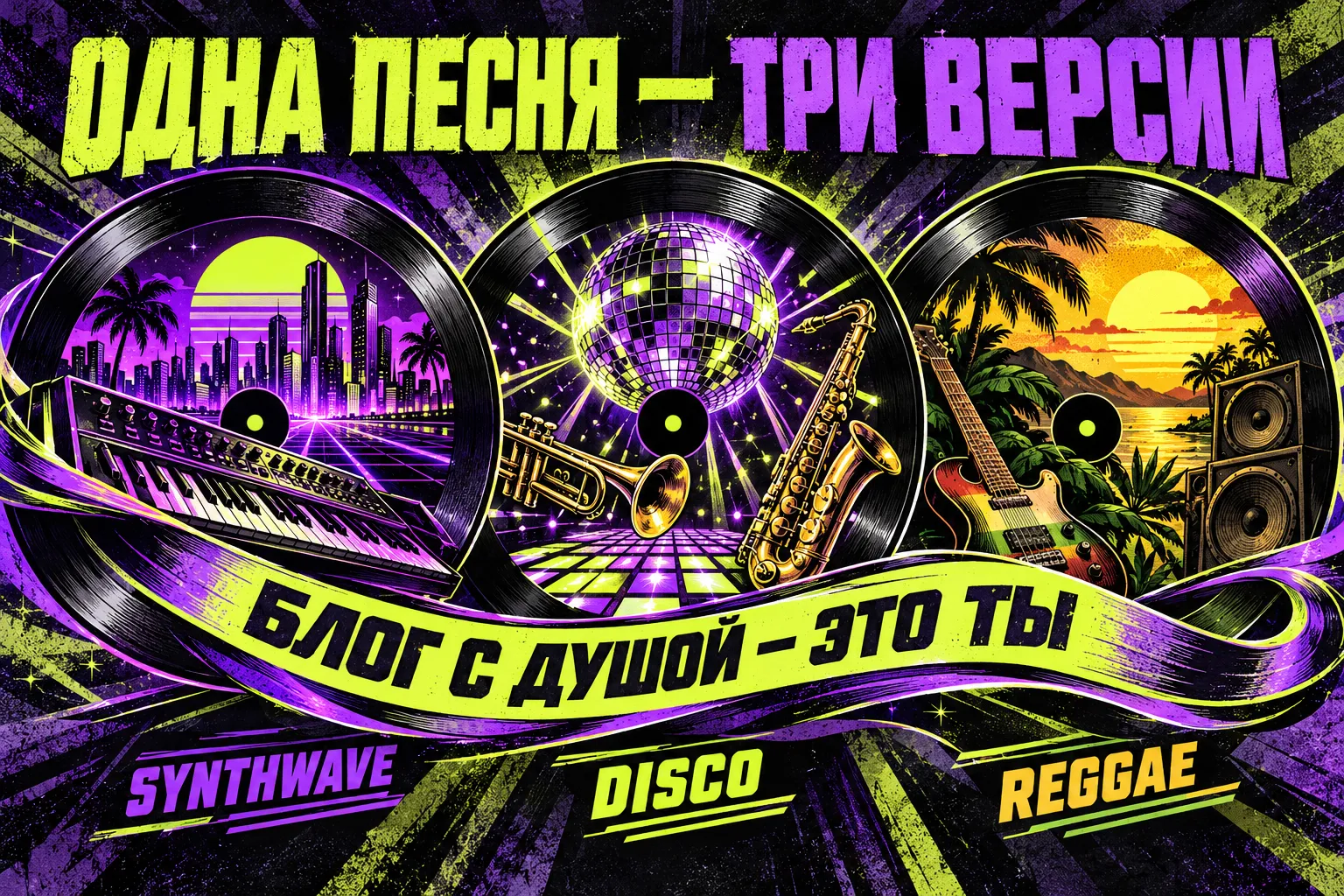 Одна песня — три версии: пластинки в стилях Synthwave, Disco и Reggae, через все три проходит лента с общей строкой «Блог с душой — это ты»