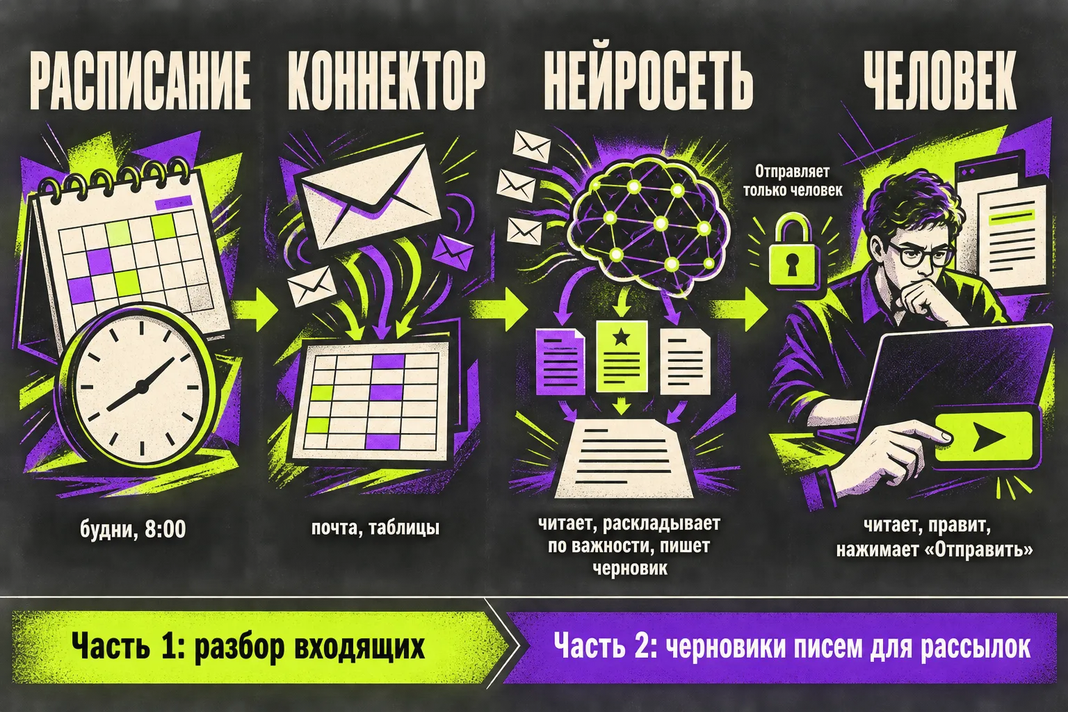 Почта на автопилоте: четыре шага слева направо — расписание (будни, 8:00), коннектор (почта и таблицы), нейросеть (читает, раскладывает по важности, пишет черновик), человек (читает, правит, нажимает «Отправить»); над последней стрелкой замок «Отправляет только человек»; внизу две части гайда — разбор входящих и черновики писем для рассылок