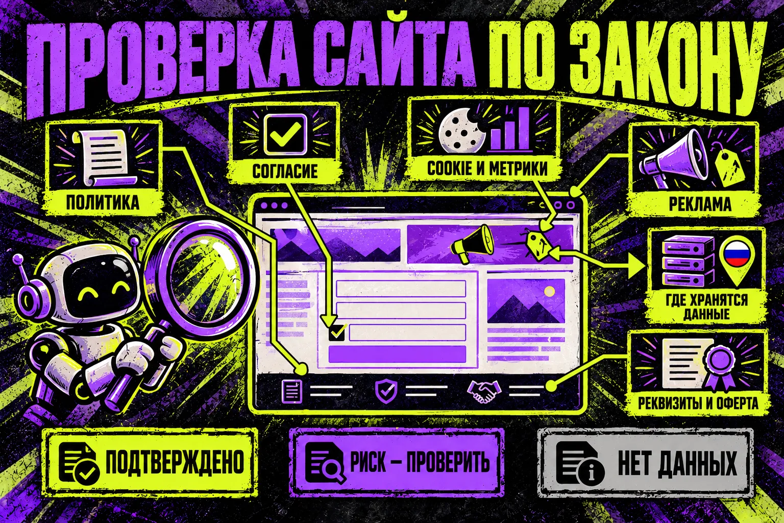 Инфографика «Проверка сайта по закону»: робот-агент с лупой над окном сайта, шесть зон проверки — политика, согласие, cookie и метрики, реклама, где хранятся данные, реквизиты и оферта — и три статуса находок: подтверждено, риск — проверить, нет данных