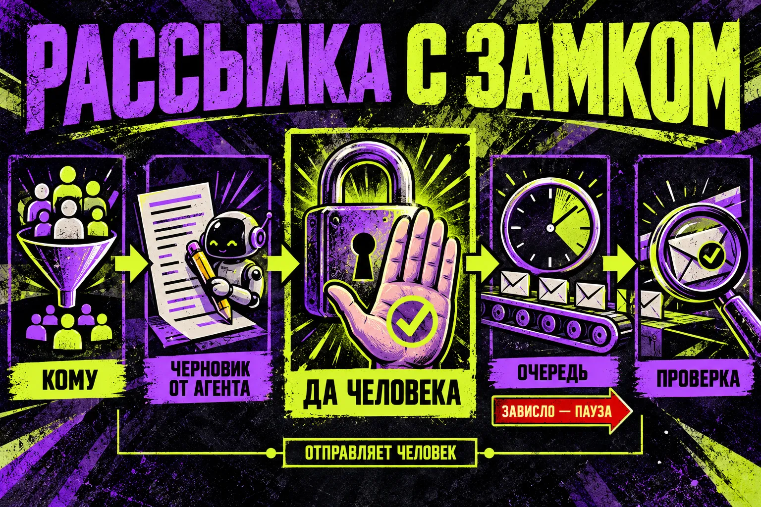 Рассылка с замком: пять шагов слева направо — кому (сегмент), черновик от агента, большой замок «Да человека», очередь отправки, проверка доставки; под очередью табличка «Зависло — пауза»
