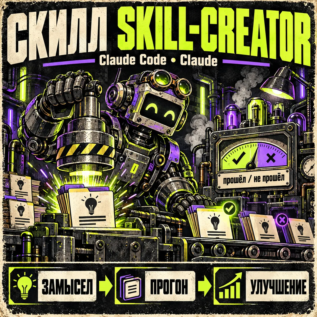 Обложка скилла skill-creator: робот-агент в мастерской штампует папки скиллов и проверяет их на испытательном стенде
