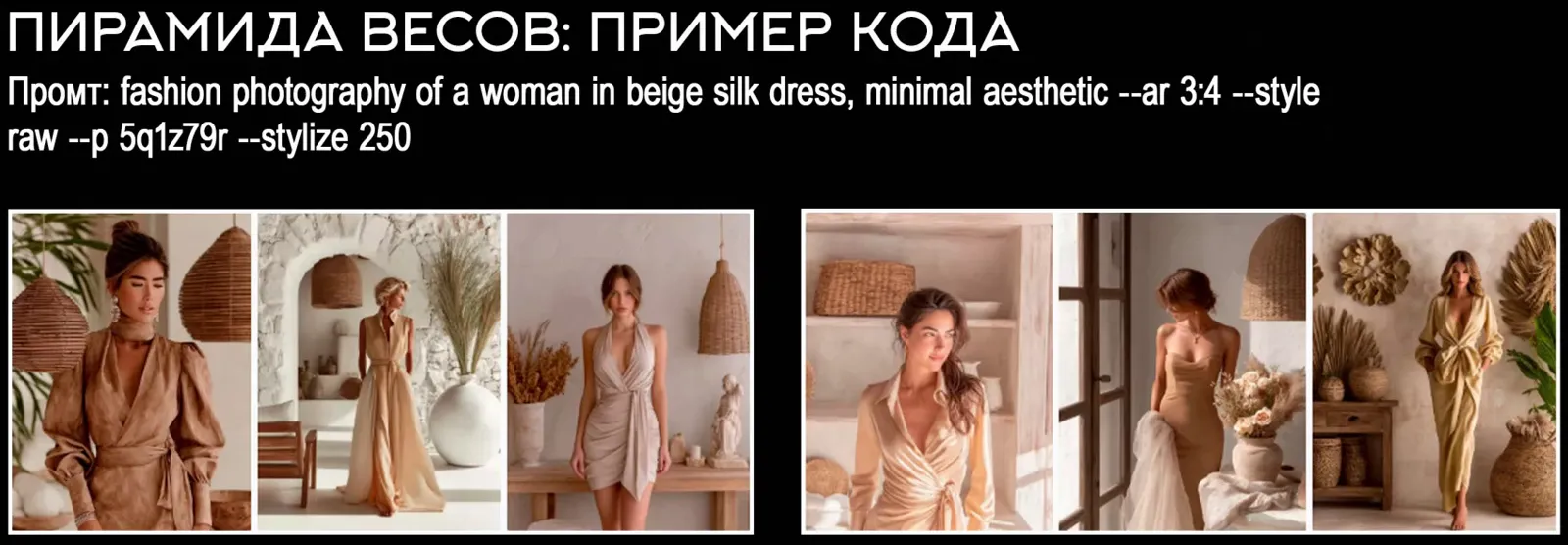 Слайд доклада «Пирамида весов: пример кода»: промпт fashion photography of a woman in beige silk dress, minimal aesthetic –ar 3:4 –style raw –p 5q1z79r –stylize 250 и шесть результатов — женщины в бежевых платьях среди плетёных абажуров, сухоцветов и керамических ваз, хотя в промпте этих предметов нет