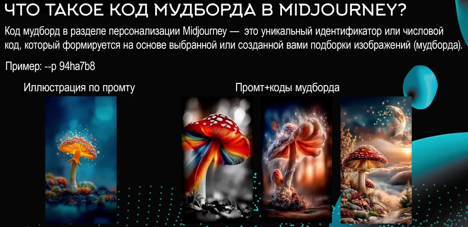 Слайд доклада «Что такое код мудборда в Midjourney?» с примером –p 94ha7b8: слева «Иллюстрация по промпту» — один светящийся мухомор на синем фоне, справа «Промт+коды мудборда» — три мухомора в заметно разных стилях: радужный на чёрно-белом фоне, искрящийся с бабочкой, сказочный пейзаж с луной
