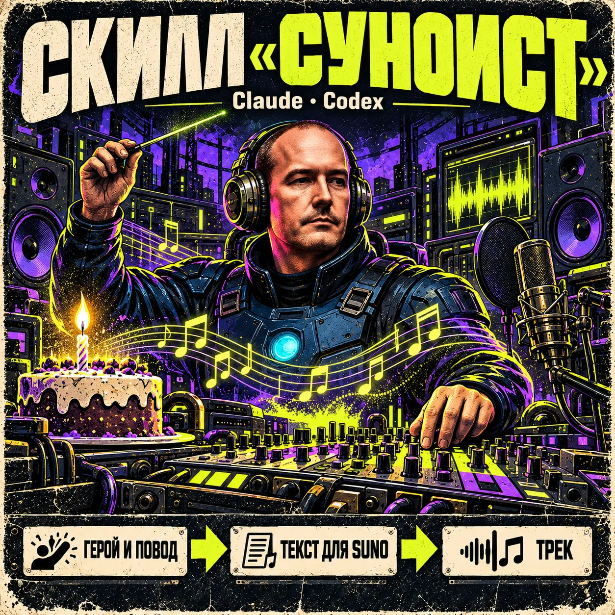 Обложка скилла «Суноист»: автор в образе композитора за ретрофутуристичным пультом, звуковая волна, торт со свечой и микрофон; внизу шаги «Герой и повод → Текст для Suno → Трек»