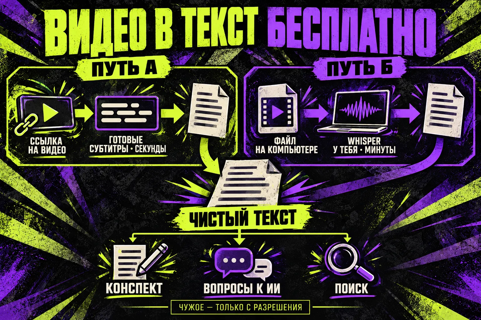 Два пути от видео к тексту: путь А — ссылка на видео, готовые субтитры за секунды, текст; путь Б — файл на компьютере, Whisper у тебя на машине за минуты, текст; оба ведут к чистому тексту, из которого получаются конспект, вопросы к ИИ и поиск; внизу пометка «Чужое — только с разрешения»