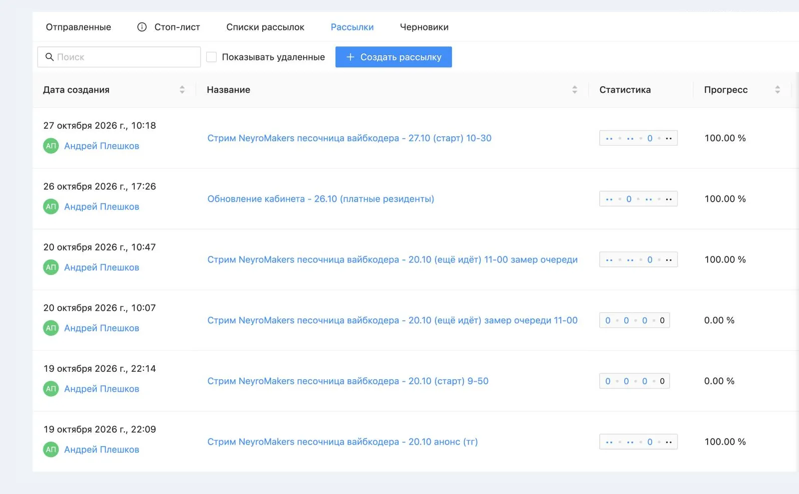 Список рассылок в админке Prodamus.XL: две рассылки 20.10 с прогрессом 0 % — очередь зависла, следующая с пометкой «замер очереди» прошла на 100 %